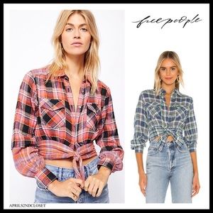 FREE PEOPLE BOHO PLAID BUTTON DOWN TIE TOP A3C